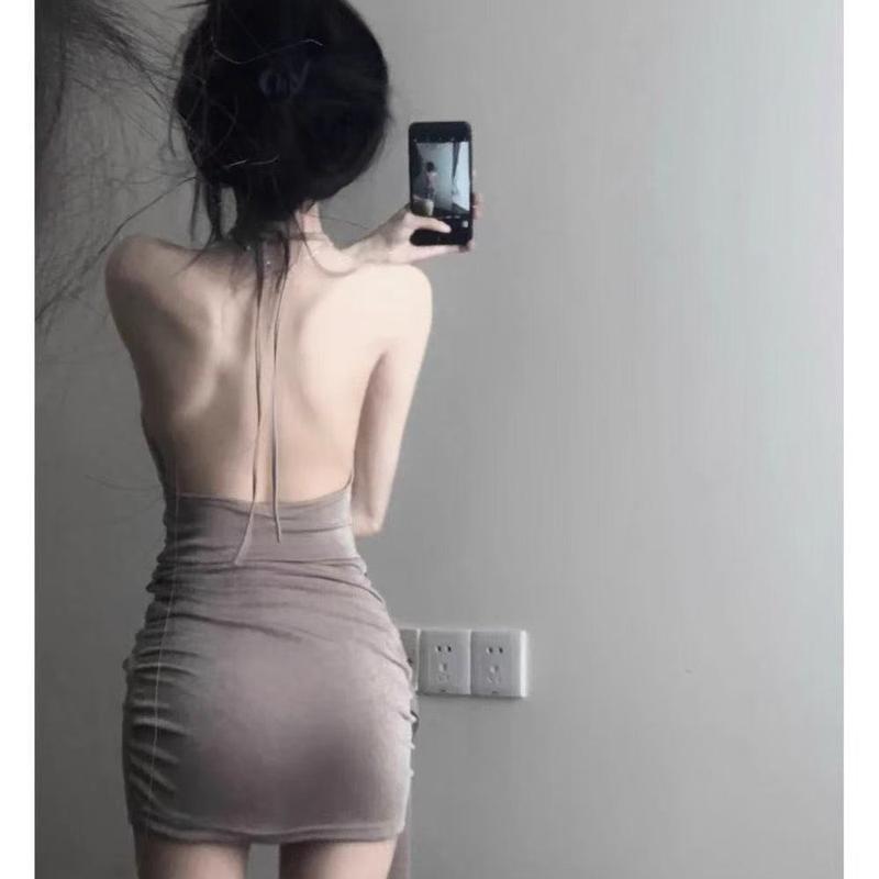 Váy Bó Sát Ngắn, Thiết Kế Dây Chuyền Xích, Bó Sát Eo, Dễ Thương Và Gợi Cảm, Hở Lưng, Cổ Áo Xích Đu Chéo Lưng, Váy Hai Dây, Ôm Sát Và Ôm Sát, Phong Cách 2024 1