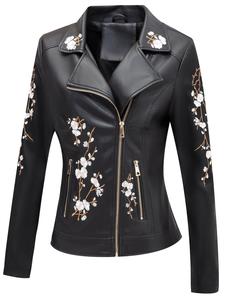 Women's Floral Embroidery Pocket Zipper PU Jacket, Casual Long Sleeve Lapel Outerwear for Spring & Fall, Ladies Clothes for Daily Wear