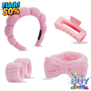 ชุดห้าชิ้น, ฟองน้ำทอ, ฟองน้ำกำมะหยี่, ที่คาดผม, ที่คาดผมเมฆ, ที่คาดผม, แฟชั่น, เหมาะสำหรับผู้หญิง, สต็อกในปี 2025, ชุดที่คาดผม, พร้อมผ้าขนหนูล้างหน้า