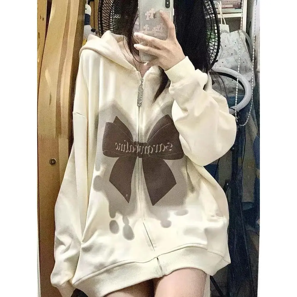Áo Len Cardigan Có Mũ Trùm Đầu Màu Mơ Cổ Điển, In Nơ, Dành Cho Nữ, Thích Hợp Cho Mùa Xuân Và Mùa Thu, Lông Cừu, Mỏng Và Rộng, Áo Khoác Có Khóa Kéo, Năm 2024