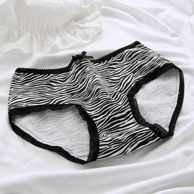 Womens Hipsters Lace Trim Bows Panties with Animal Zebras Print Breathable Cotton Middle Waist Underwear Briefs 6