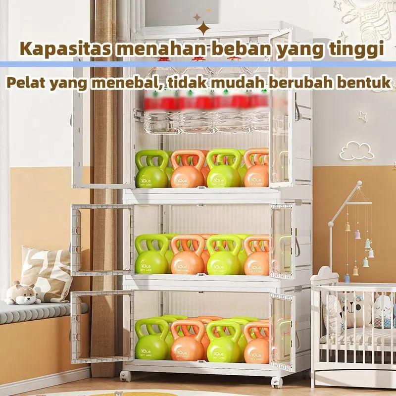 Lemari Pakaian Multifungsi Lemari penyimpanan kebutuhan sehari-hari Lemari makanan ringan Lemari Rumah Lemari Mainan Dapat dilipat  Tanpa Instalasi Roda 360  Pintu Plastik Furniture rak kaca 5