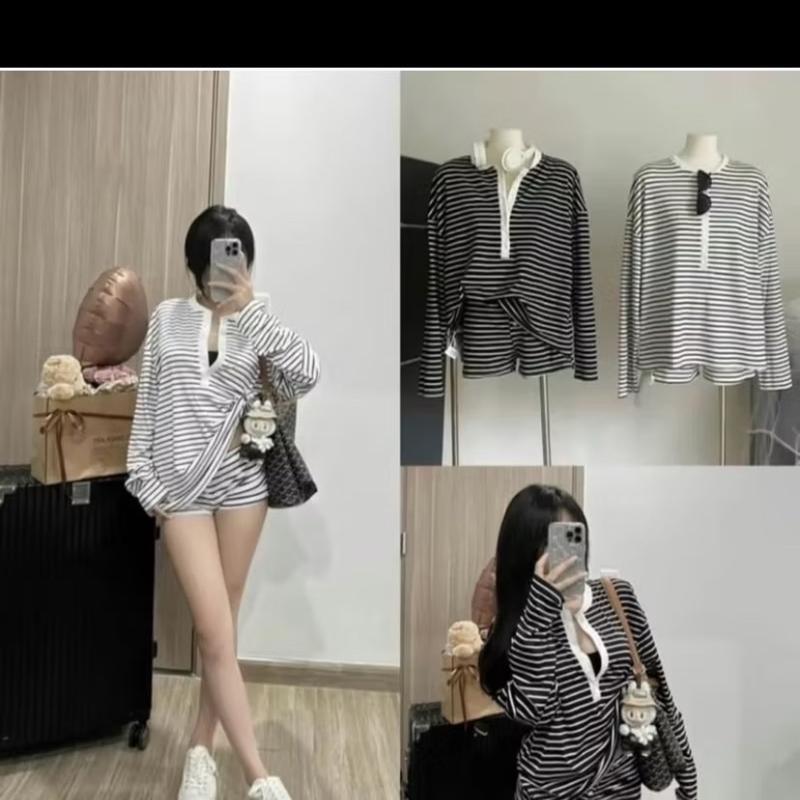￼Set Bộ Kẻ Ngang Cổ Tàu Phối Cúc Áo Dài Tay Quần Short Hottrend, Set Đồ Nữ Kẻ Ngang Thu Đông 5