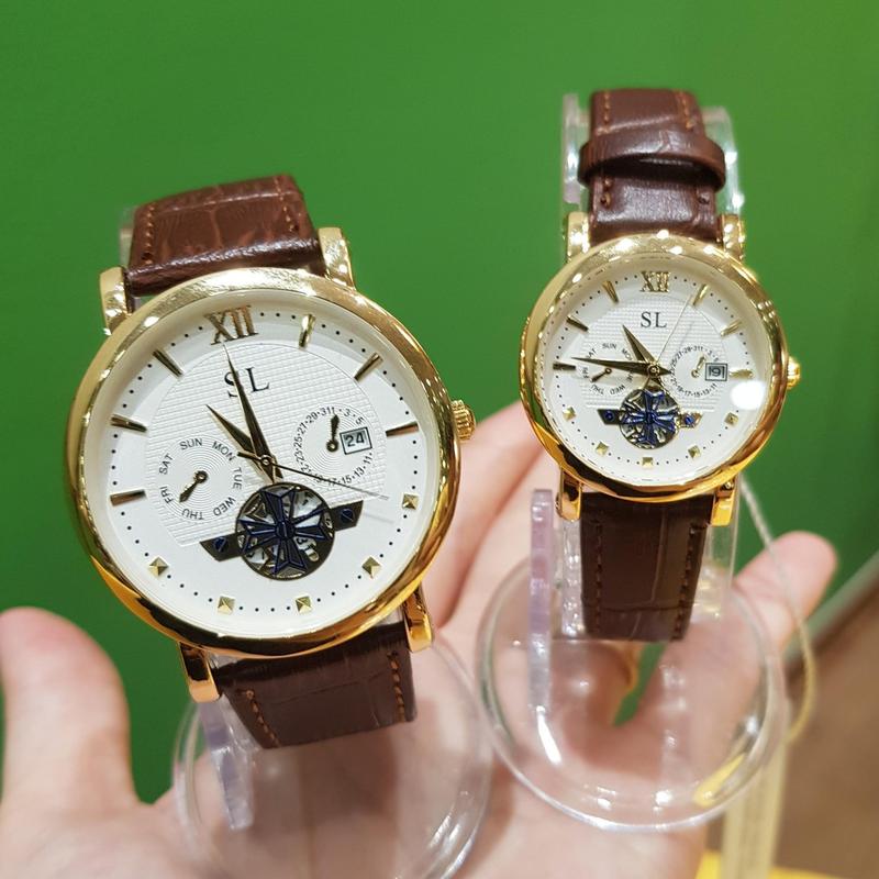 Đồng hồ cặp đôi nam nữ SL dây da viền vàng lộ máy chống nước giá rẻ Watch Khăn