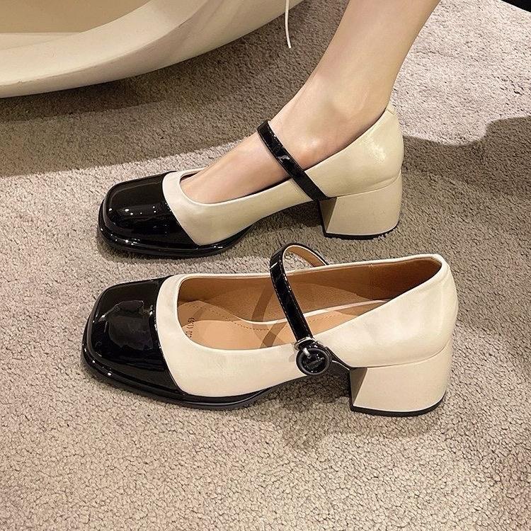 (HàngQC) Giày Mary Jane Mũi Vuông Quai Cài Chất Da Bóng đế5cm giày Tiểu Thư nữ giày  mary già y quảng châu