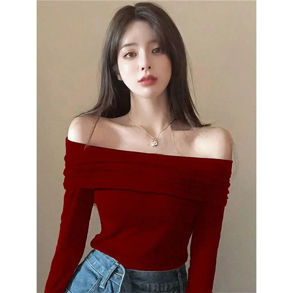 French Collarbone off-Shoulder Long-Sleeved T-shirt for Women Spring/Autumn/Winter New High-Grade Windbreaker Slim Fit Inner Wear off-Shoulder Top Womenswear Blouse Lingerie Basic Minimalist Short Comfort