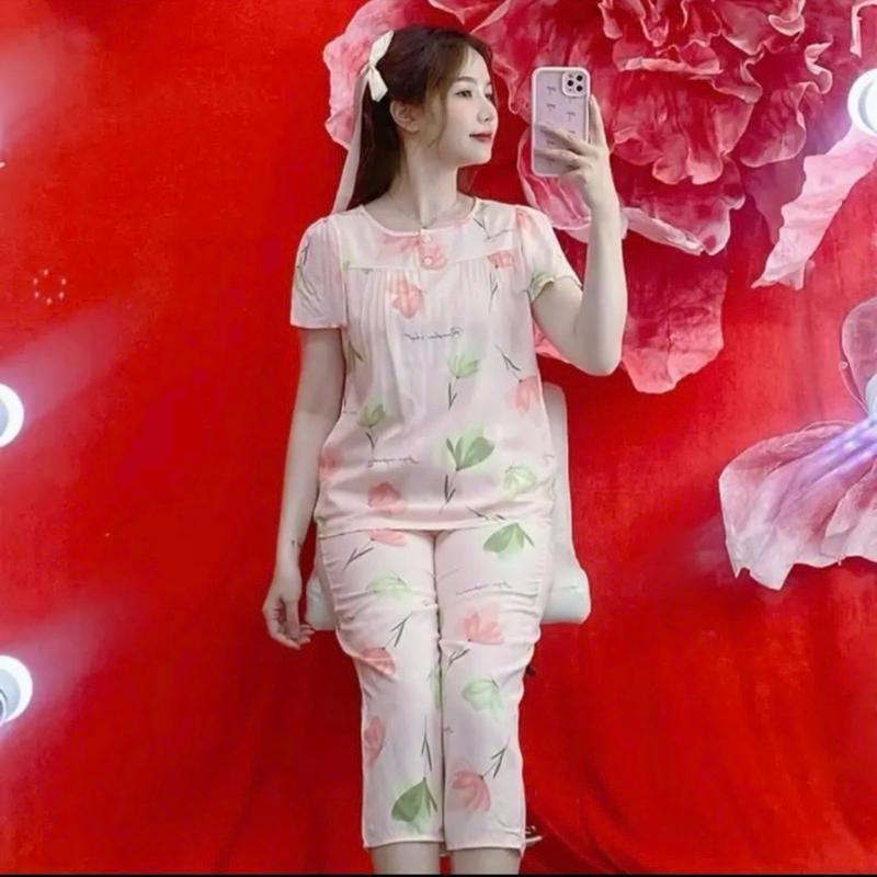 KA77 - Size 3XL (75-80kg) Đồ Bộ Tole Lanh Nữ Áo Tay Ngắn Cổ Tròn 2 Nút Quần 9 Tấc Top 8