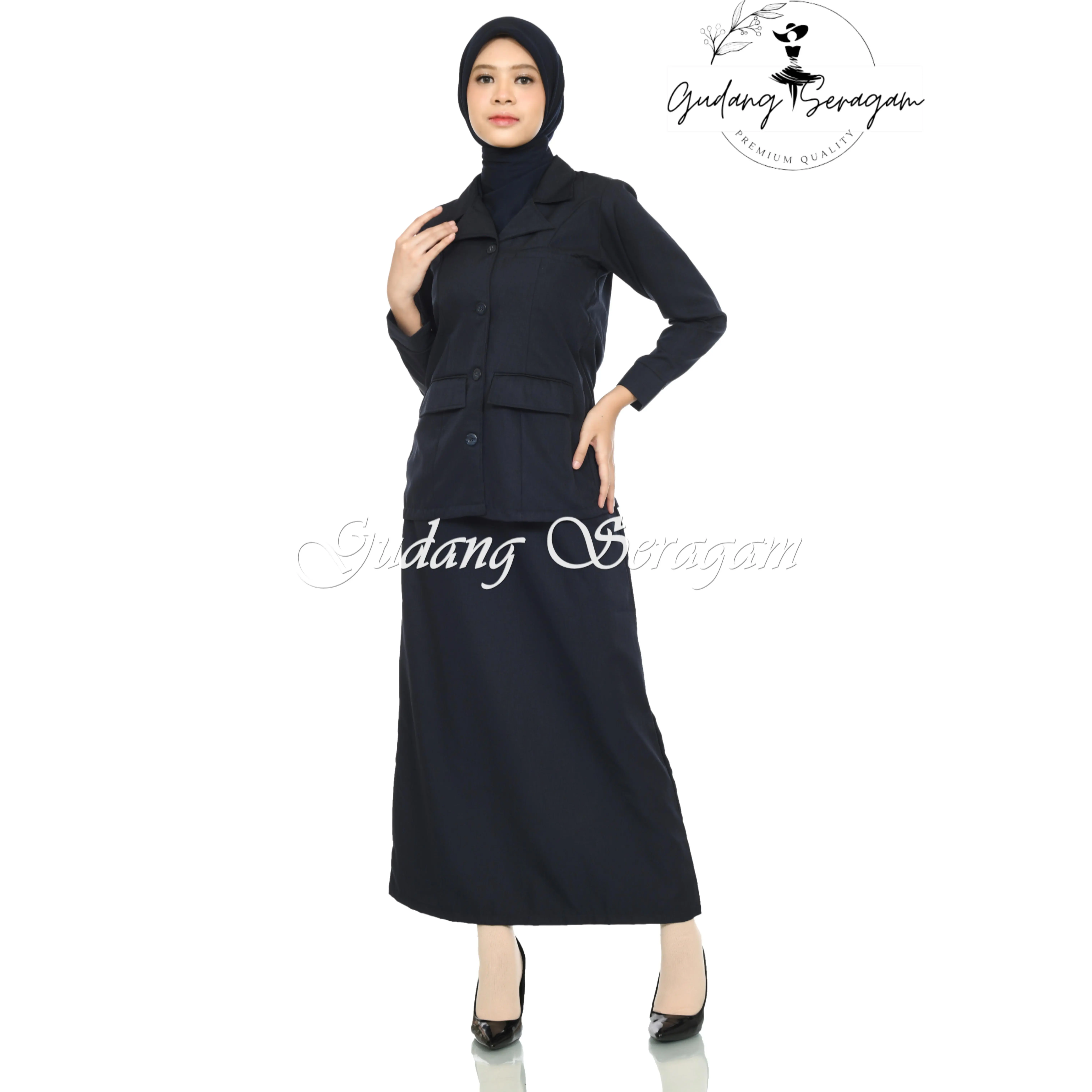 Setelan Seragam Wanita Biru Dongker dengan Pilihan Rok atau Celana ...