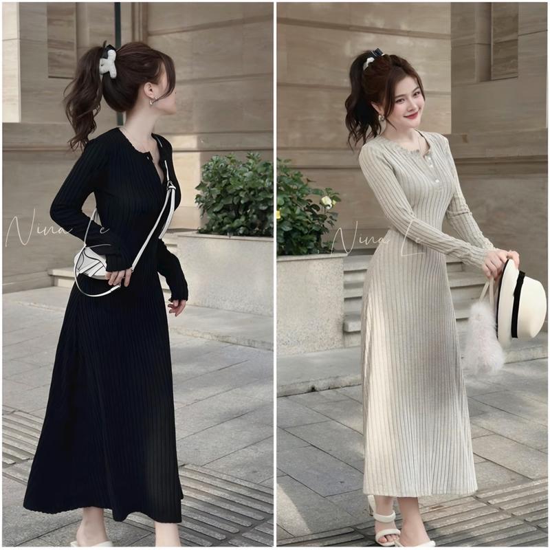 T10 Váy tăm thỏ midi dài tay mùa thu đông dáng dài tôn dáng cho nữ - Women, Dress Đen