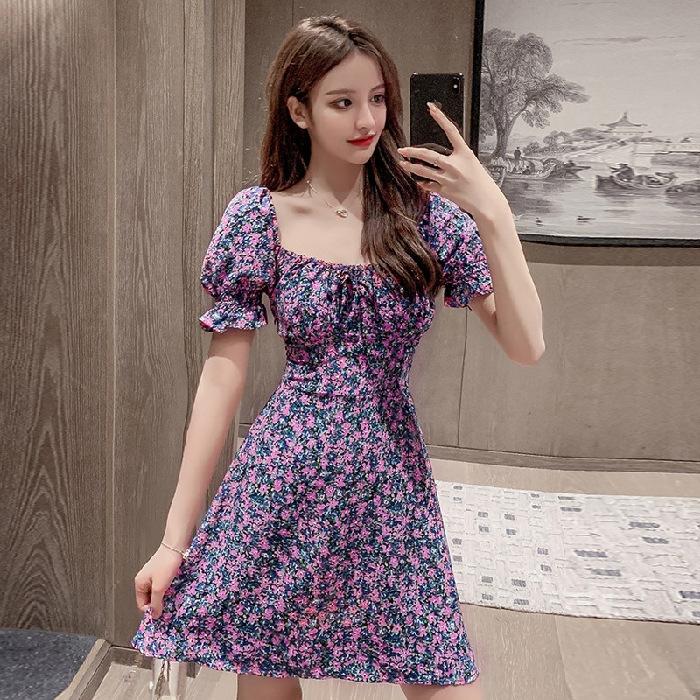 Váy Ngoại Cỡ Thời Trang, Nữ Mùa Hè Mới, Cổ Áo Vuông Cổ Điển Kiểu Pháp, Bó Sát Bụng, Tay Ngắn Phồng, Váy Hoa, Thoải Mái Và Thường Ngày, Năm 2025 3