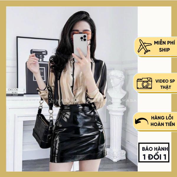 Áo sơ mi nữ lụa tơ tằm mỏng họa tiết sọc đen