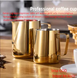 Gelas jug kopi espresso latte art warna gold ada moncongnya tempat susu yang sudah di steam untuk menghasilkan foam  material stainless food grade