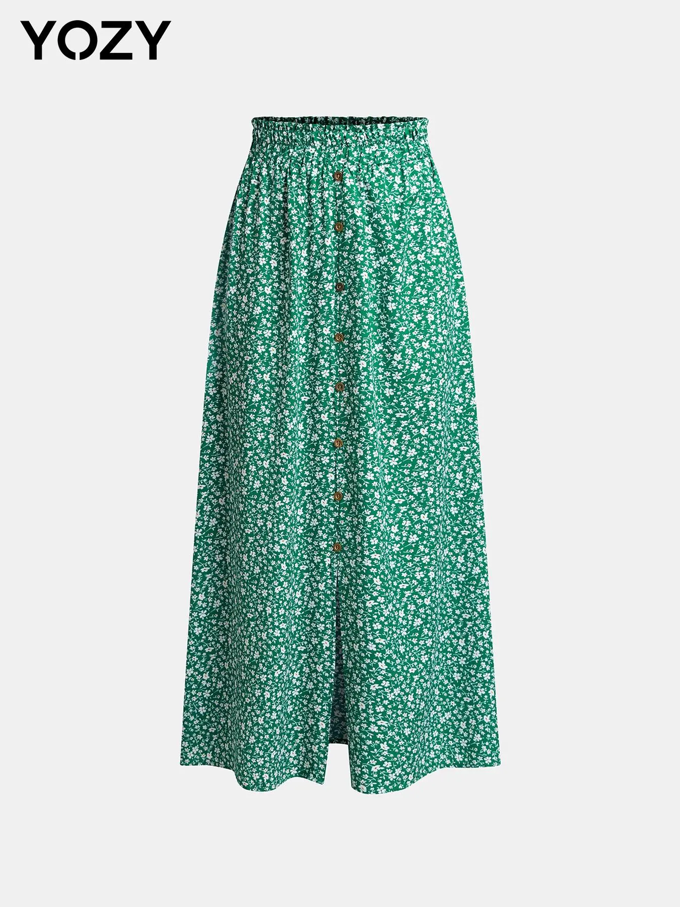 Yozy Boho Ditsy Floral Print Split Skirt, Frilled Elastic Waist Button Decor Skirt, 2024 Women's Daily Bottoms for All Seasons