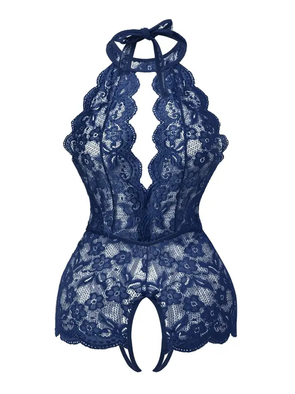 Plus Size Plain Floral Lace Scallop Trim Halter Neck Backless Sheer Sexy Lingerie Bodysuit, Elegant Sexy Tie Back Bodysuit for All Seasons, Women's Plus Size Sexy Underwear 2
