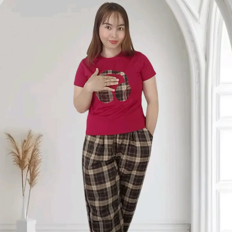 sét bộ thun tăm lạnh thêu+quần suông carô qc size:(45+55)ký Women Top 0