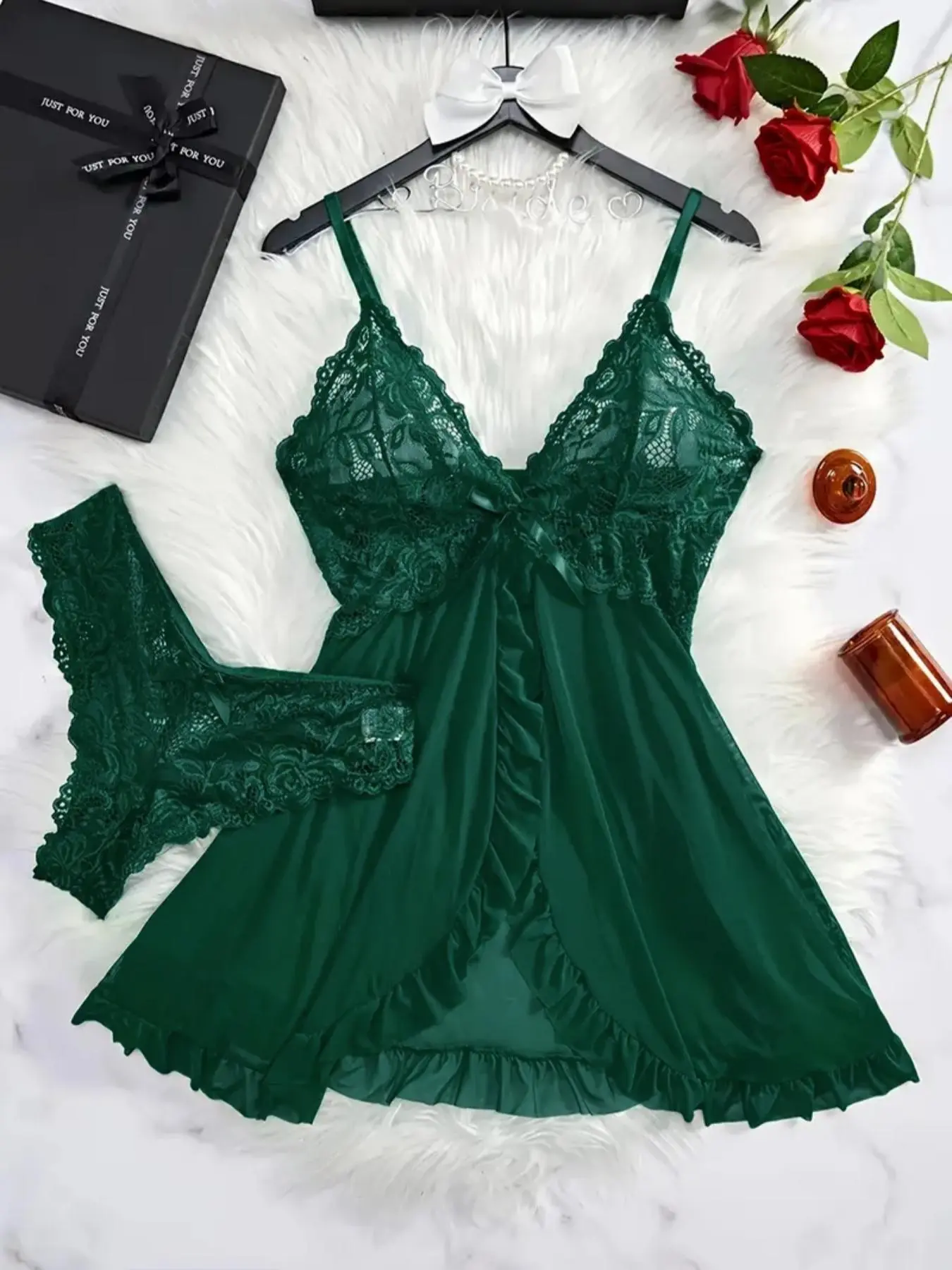 Women's Plain Floral Lace Cami Nightdress & Bow Decor Panty Two-piece Set, Comfortable Adjustable Spaghetti Strap Backless Sleep Dress & Knicker Set, Women's Sleepwear for Summer