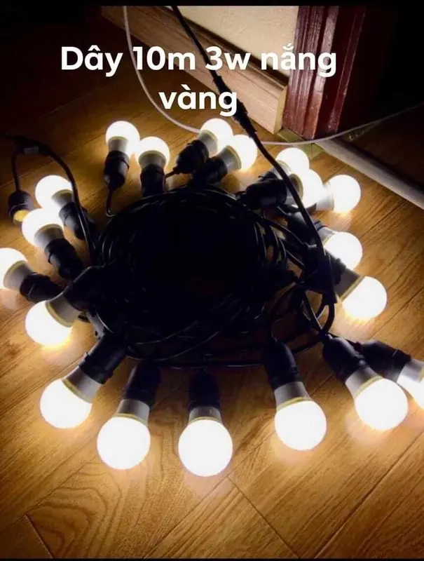 Combo 3 dây 10m 20 đui kèm bóng 3w trắng, 3w nắng vàng, edison, 1w chanh, 3w đa sắc (tặng thêm 3 bóng) den  led 0