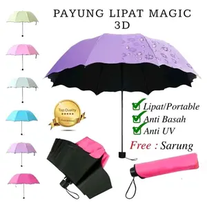 Payung Magic 3D / Payung Lipat 3D / Umbrella Magic Keluar Motif Bila Kna Air Bunga Plastik