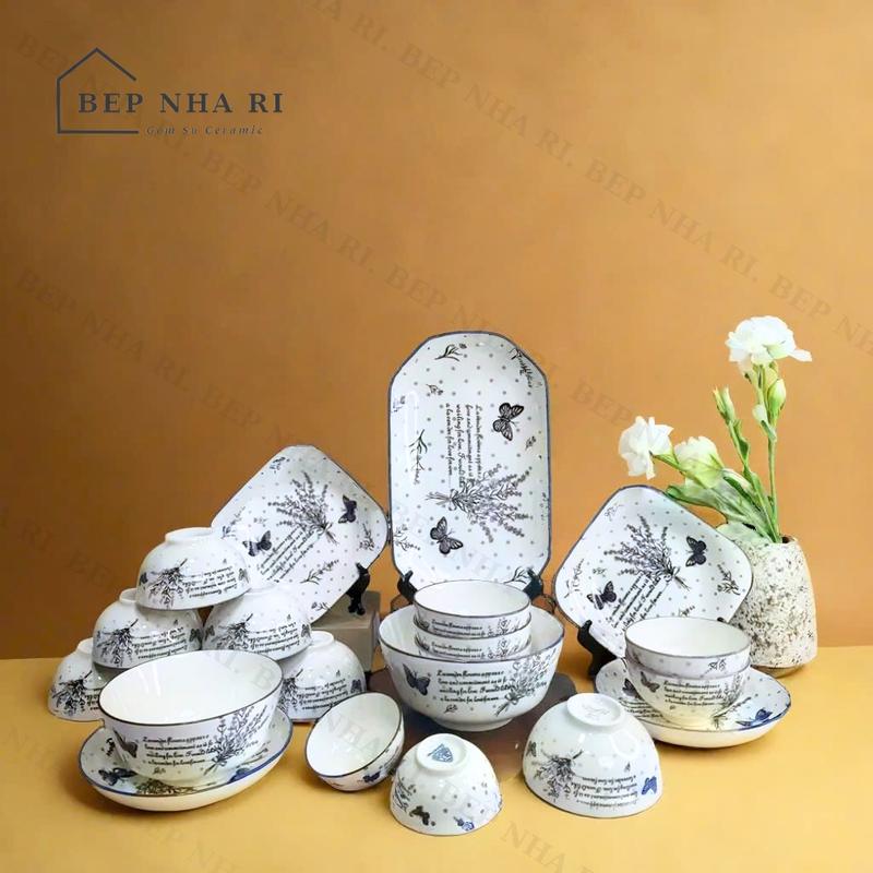 [ BepNhaRi ] Bộ bát đĩa họa tiết Hoa Oải Hương 19 món TẶNG KÈM 2 BÁT CƠM - HÀNG SỨ LOẠI 1 - decor bàn ăn Gia Đình