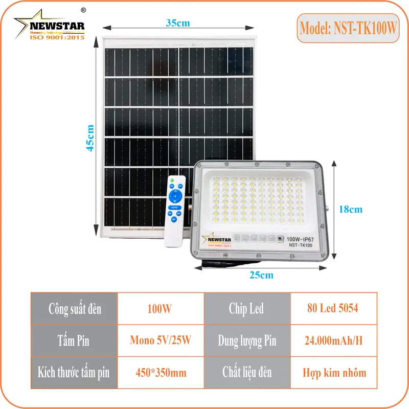 ĐÈN PHA NĂNG LƯỢNG MẶT TRỜI NST-TK100W,TẤM PIN MONO, SẠC NHANH 4-6 GIỜ, CHIẾU SÁNG 12-14 GIỜ, IP67, BẢO HÀNH 24 THÁNG 1