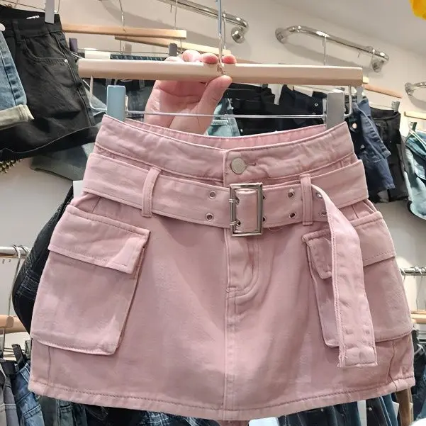 chân váy chữ A kaki ngắn túi hộp 2 bên kèm đai bản to có quần bảo hộ cùng chất vải chính QCCC hottrend 2024 Nữ Kem