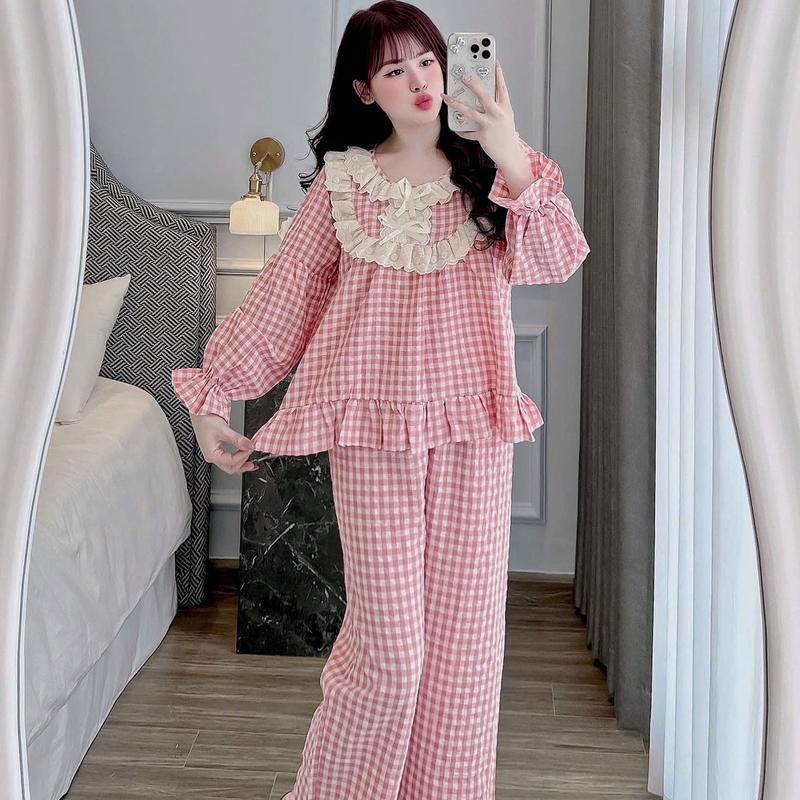 Bộ đồ Mặc nhà Kẻ caro Ren bèo 2 lớp Chất Đũi Thô tiểu thư cho Nữ DD65 Sammy - Quần Ngủ Nữ - Women 8