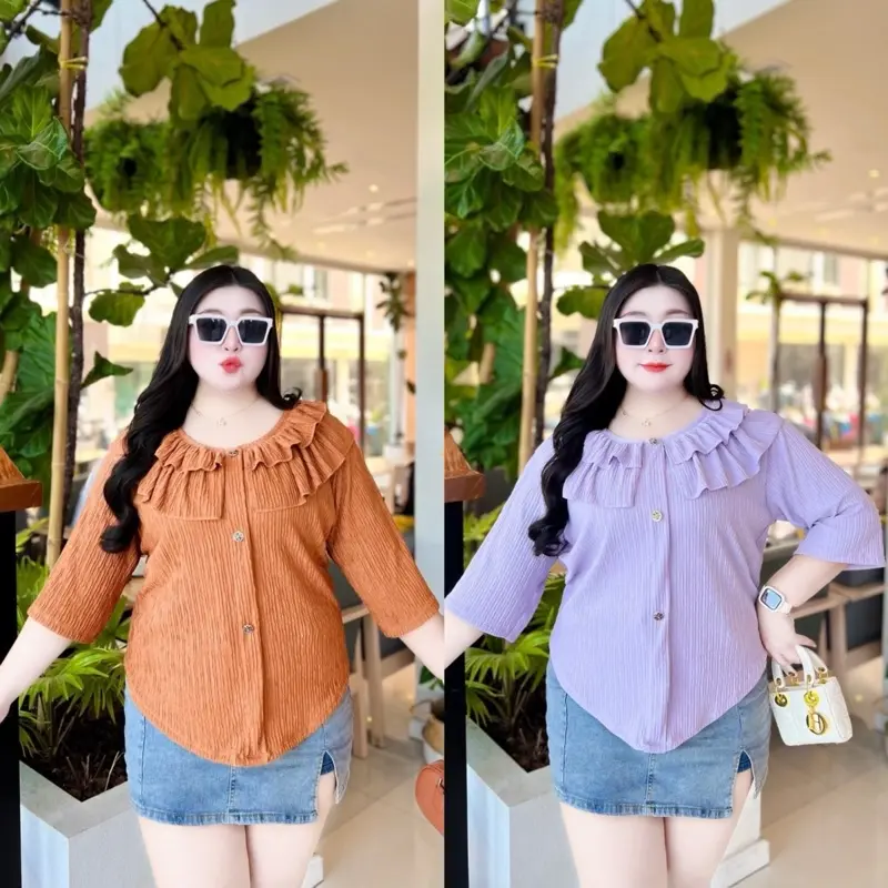 เสื้อแขนสามส่วนคนอ้วนอก54แต่งระบายรอบตัว