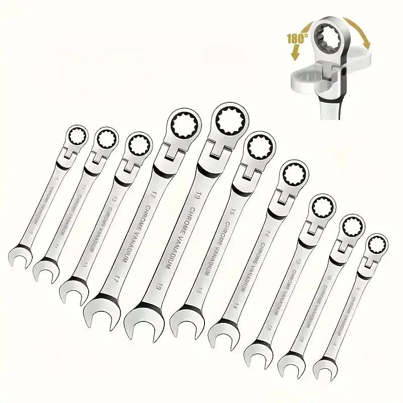 Flexible Head Ratchet Wrench Set, 180° Rotatable Design Wrench Set, Durable Metallic Hand Tool for Car, Bicycle, Home Maintenance & Car Repair