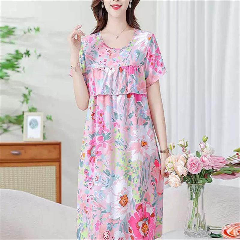 Product Introduction of Strictly Selected Printed Artificial Cotton Nightdress Women's Summer High-Grade Ice Silk Skirt Thin Short Sleeve Pajamas plus Size A- line Dress 8