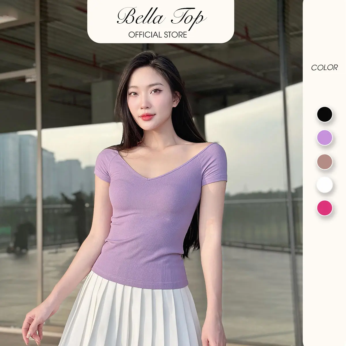 Áo thun nữ cổ V áo cộc tay gân tăm, dáng ôm cao cấp cotton - Phong cách trẻ trung, quyến rũ BELLA TOP MS11