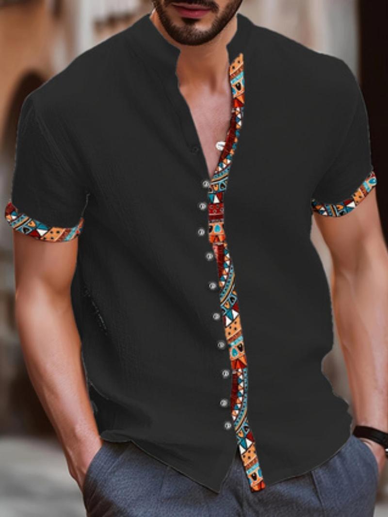 Product Introduction of Men's Contrast Trim Tribal Print Vintage Short Sleeve  Shirt, Regular Fit Casual Comfy Button Front Mock Neck Top for Summer, Fashion Men's Clothes for Daily Wear 5