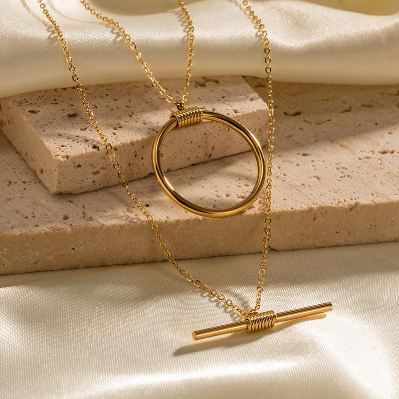 Product Introduction of INS New Fashion Twin Stainless Steel Necklace 16K Gold Plated Double round Long Stitching Necklace Ornament Wholesale 9