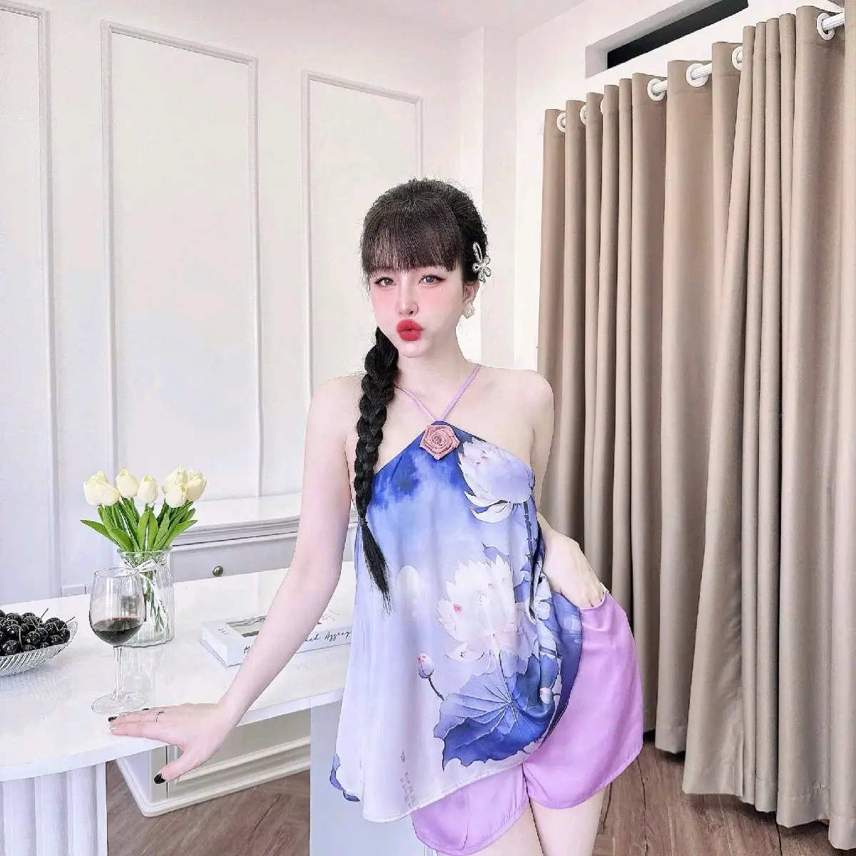 Yếm Lụa Latin Hoa TK Freesize Dưới 60kg - Lụa Latin Mềm Mịn Mướt - Quần Ngủ, Kem, Nữ, Women