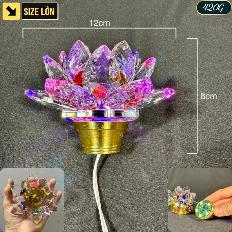 Hoa Sen Pha Lê Có LED Nhiều Chế Độ Sáng  Chuyên Để Trên Lư Đồng hoặc Chân Đèn Thờ Bằng Gỗ Hoặc Đồng 8