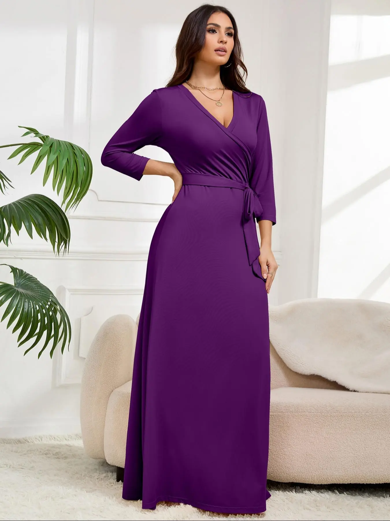 Women's Solid Color V Neck Wrap Dress, Elegant Long Sleeve Dress for Party Holiday Wedding Guest, Ladies Clothes for All Seasons