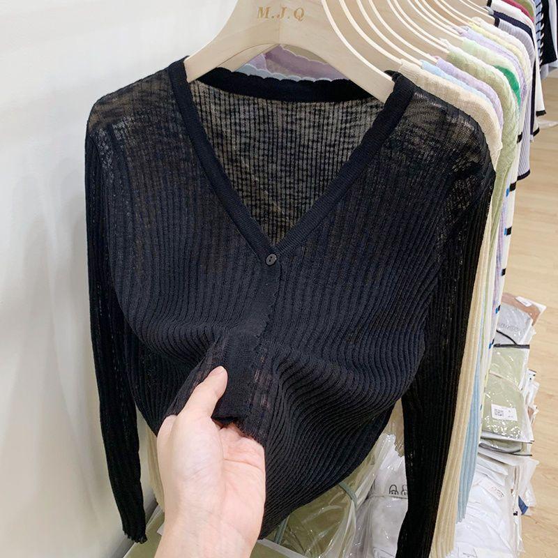 Product Introduction of Áo Cardigan Chống Nắng Dệt Kim, Trang Phục Mùa Hè Cho Nữ, Chất Liệu Lụa Lạnh Mỏng, Dài Tay, Màu Đen, Thích Hợp Mặc Bên Ngoài, Có Thể Mặc Với Áo Điều Hòa Không Khí Ngắn, Áo Sơ Mi, Women, Top, Voi 18