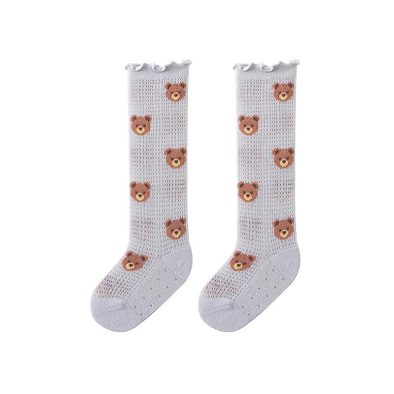 Product Introduction of Baby Socks for Girls Flower/Bear Print Mosquito Protection Mid-Calf Socks Spring Summer Breathable Kids Mesh Thin Socks 34