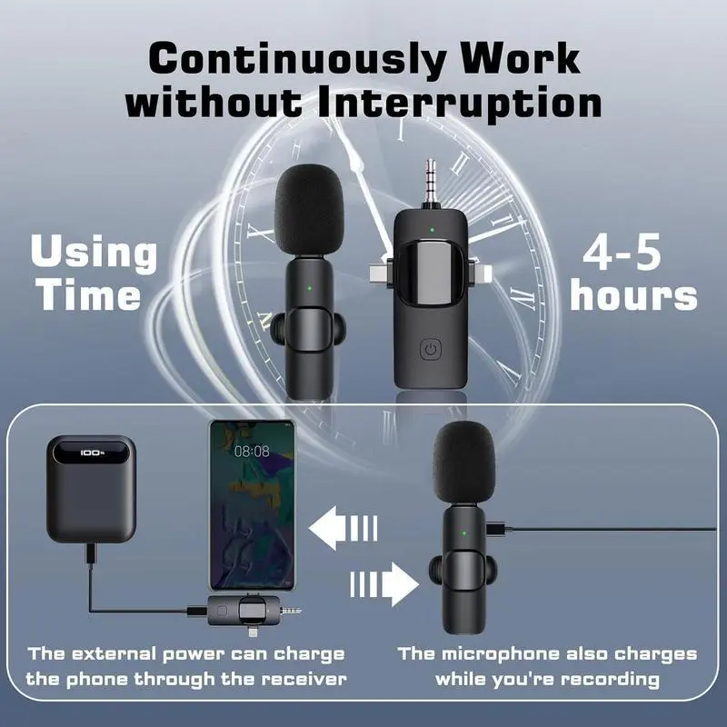 4 in 1 Wireless Lavalier Microphone, 1 Set USB Rechargeable Wireless Microphone, Professional Wireless Lavalier Lapel Microphone for iPhone Android Phone 4