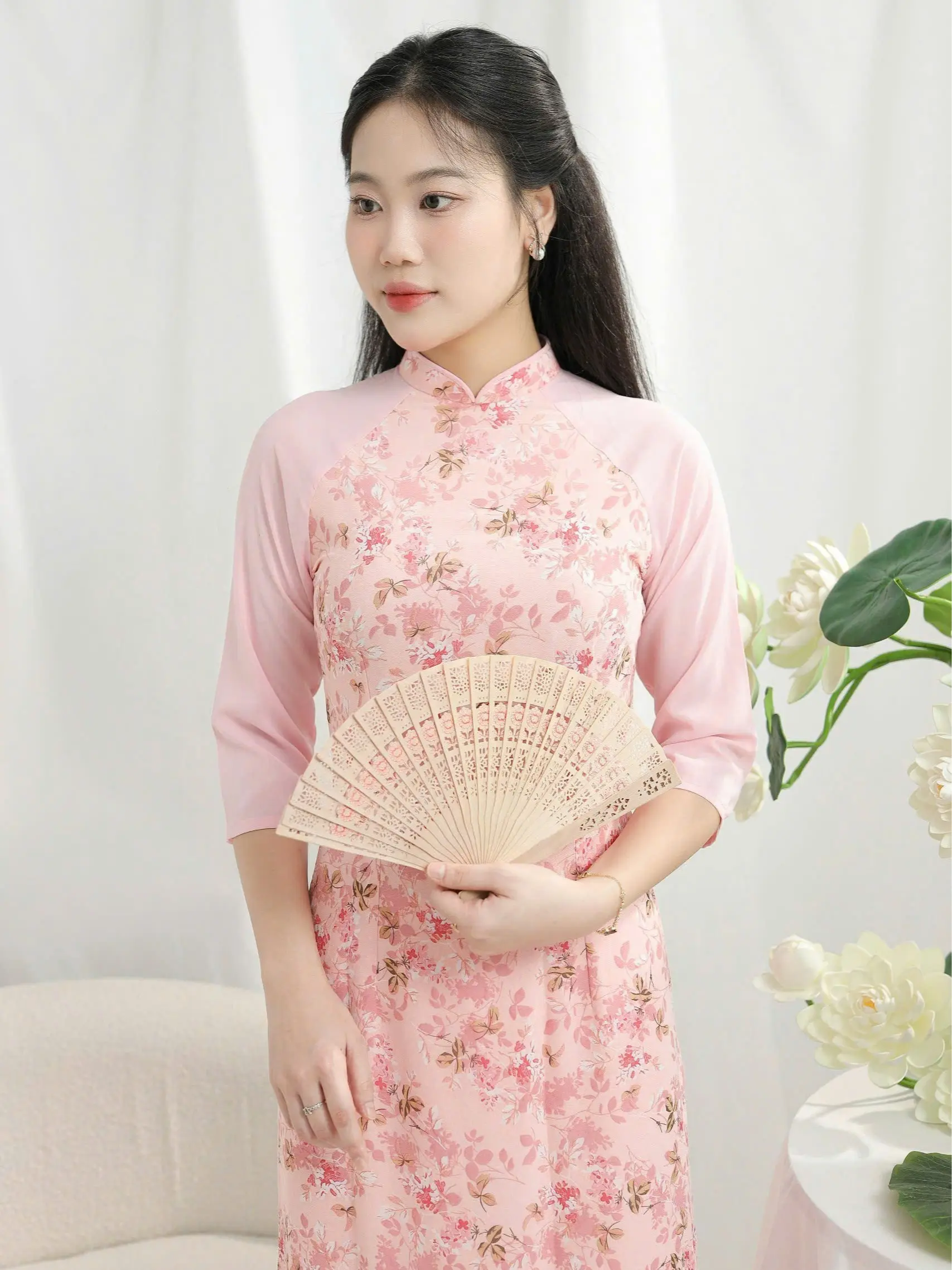 Áo Dài truyền thống 2025 Voan tơ hoa nhí đẹp ép nổi, 4 tà tay phối, cổ truyền thống, thanh lịch dịu dàng
