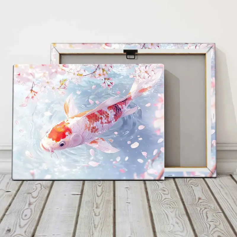 Koi Fish & Cherry Blossoms Pattern Canvas Painting with Frame, Modern Wall Art Painting, Wall Decor for Home Living Room Bedroom Office 8