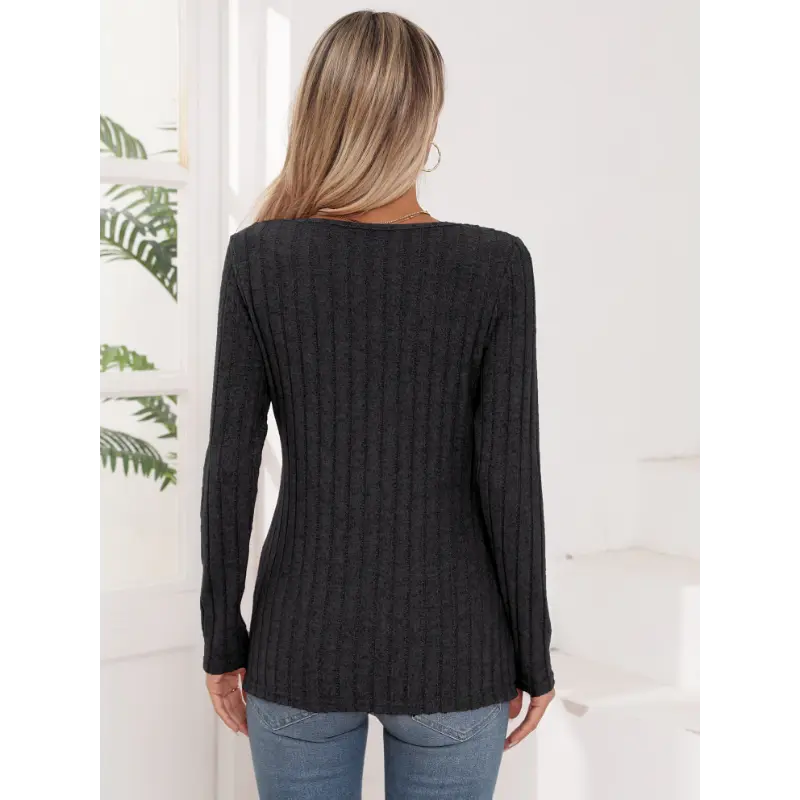 Button Side Asymmetrical Hem T-Shirt, Elegant Rib Crew Neck Long Sleeve T-Shirt For Spring & Fall, Women's Clothing Collar Fabric 1