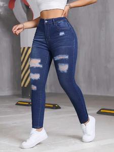 Jeans ajustados elásticos rasgados, pantalones vaqueros versátiles de moda para todos los días, ropa de mujer y mezclilla