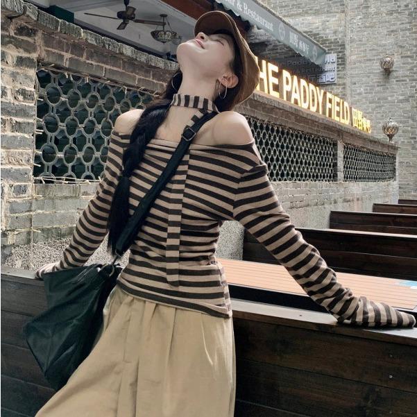 Áo trễ vai kẻ ngang dúm eo chất cotton dày 3 màu peonyb - Thun dài tay nữ kiểu lệch vai mặc thu đông kiểu dáng bánh bèo tiểu thư hotgirl hàn quốc đẹp