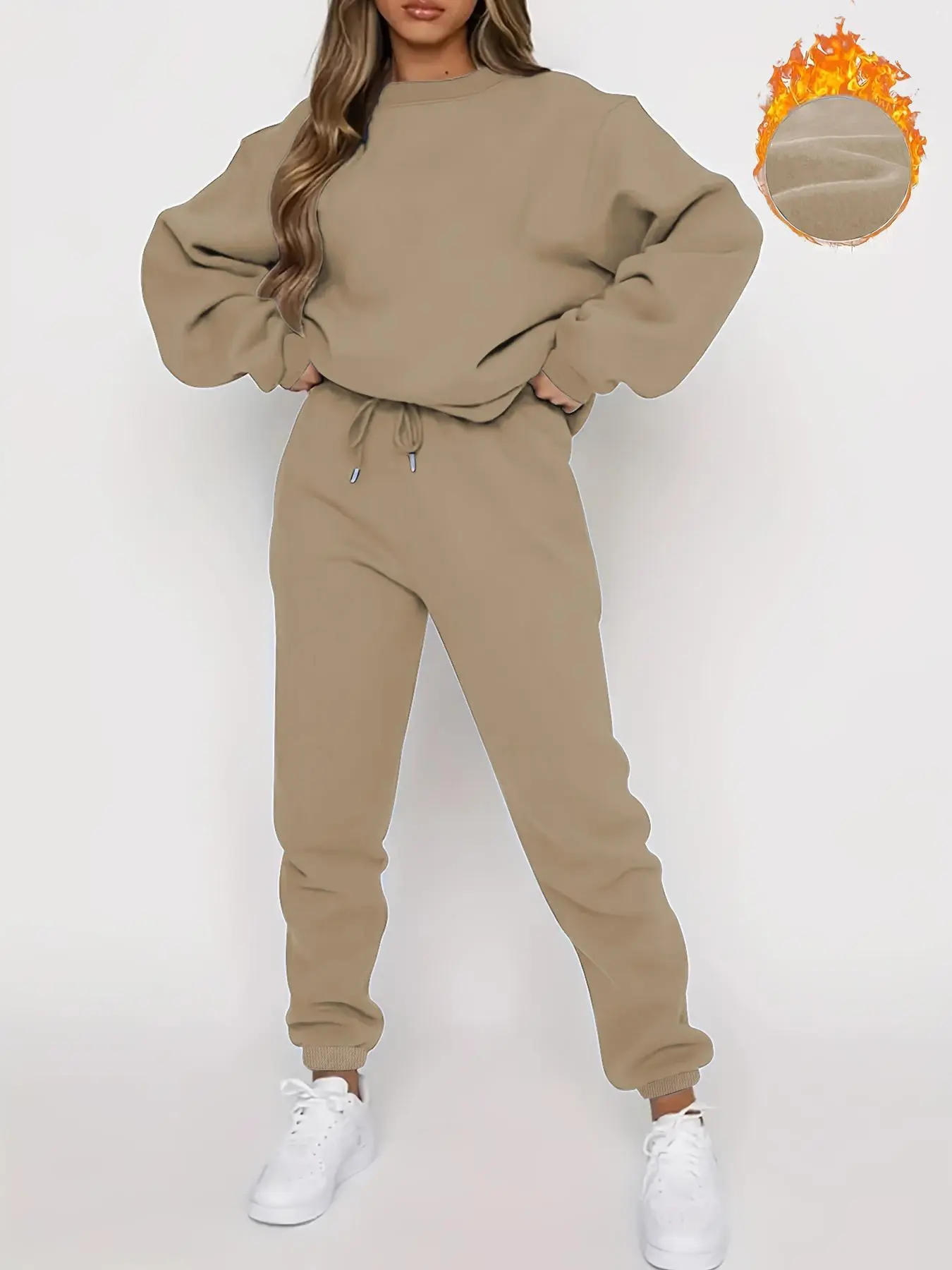 【Plus Size】 Two-piece Set Solid Drop Shoulder Sweatshirt & Drawstring Waist Sweatpants Thermal Lined Set, Casual Fashion Cozy Breathable Two-piece Outfits for Daily Outdoor Wear, Women's Clothes for Fall & Winter