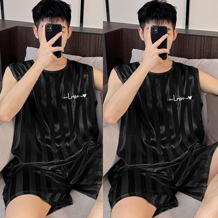 Đồ Ngủ Mùa Hè Cho Nam, Chất Liệu Lụa Lạnh Mỏng, Bộ Sưu Tập Mới 2024, Áo Vest Và Quần Đùi, Bộ Đồ Mặc Nhà, Không Tay, Ngoại Cỡ, Thích Hợp Cho Mùa Hè Menswear 3