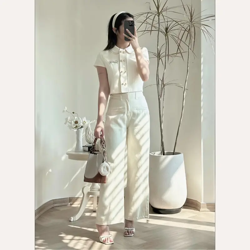 Set bộ đồ nữ áo croptop cổ sen đính nơ phối quần váy form xòe bồng cách điệu tiểu thư Linly Store 5