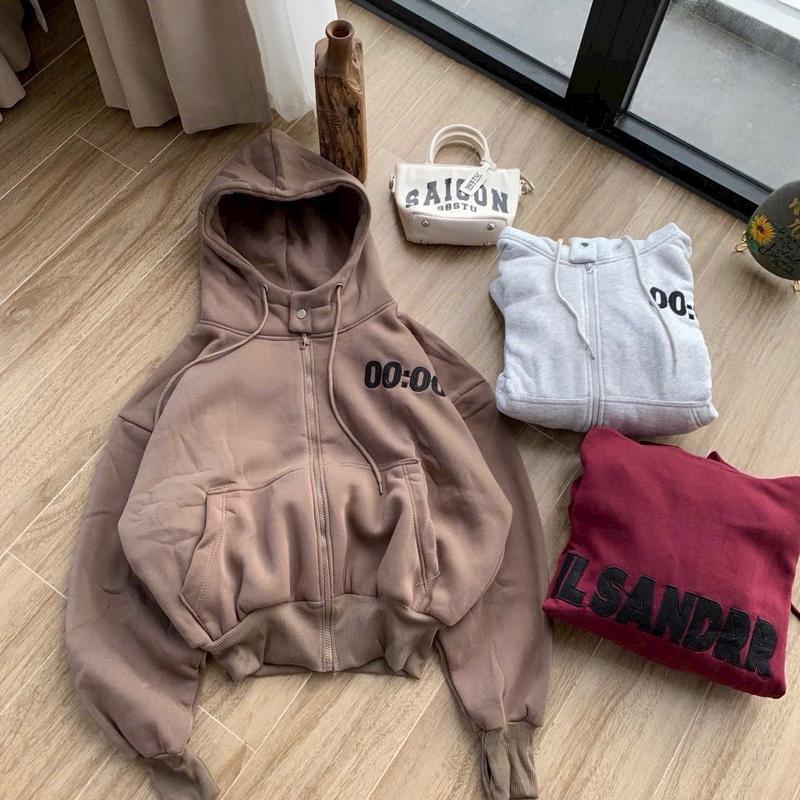 Áo khoác nữ nỉ dệt form rộng nút bấm thêu chữ nón 2 lớp Có Túi Trong Top Hoodie Women hoodie màu áo hoodie Voi