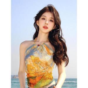 เสื้อกั๊กสายเดี่ยว คอเชือกแขวนคอ ภาพสีน้ำมัน มาใหม่ เรียบหรู ทรงสลิมฟิต ท๊อป