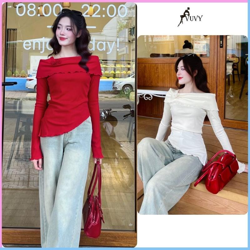 Áo thun trễ vai dài tay vạt chéo, áo kiểu nữ thu đông lệch vai chất thun gân dáng ôm body Women Top Nhung Kem Voi AT39 Nhung Tăm Đỏ