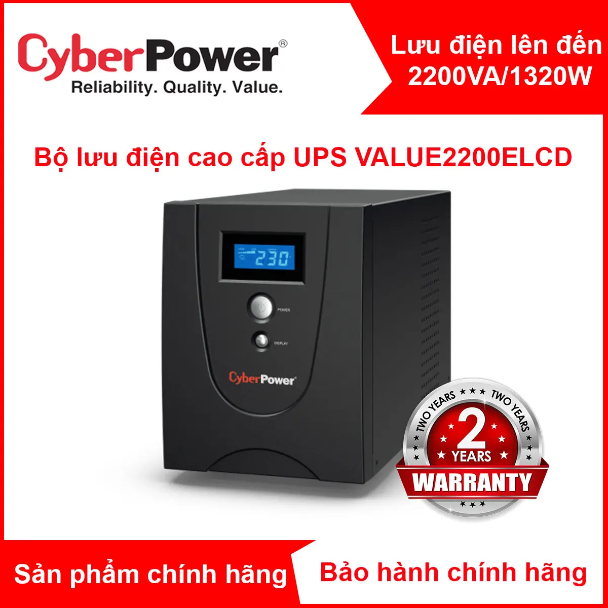 Bộ lưu điện UPS CyberPower VALUE2200ELCD - 2200VA/1350W - Tích hợp điều khiển Nas, Màn hình hiển thị LCD, dòng sản phẩm cao cấp - Hàng Chính Hãng Bảo hành của nhà sản xuất Bảo hành quốc tế 1000W